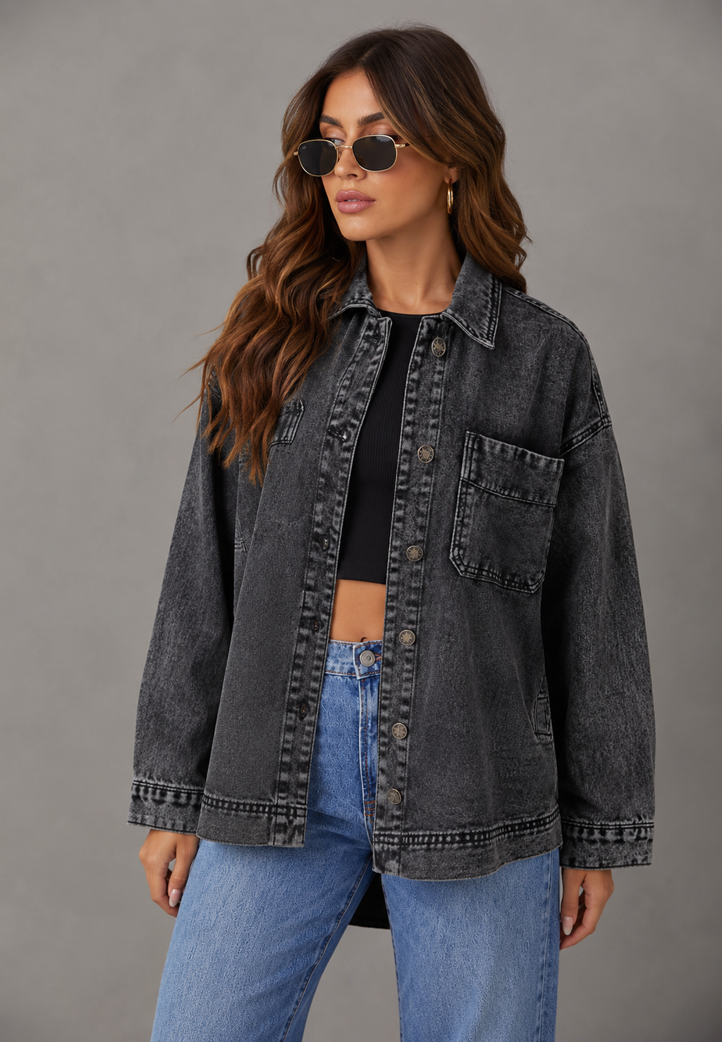 Sobrecamisa vaquera mujer oversize bolsillo frontal efecto lavado denim capa - Nadja