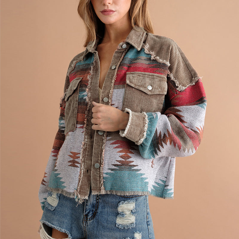 Sobrecamisa mujer combinada pana jacquard bolsillos contraste texturas otoño - Océane