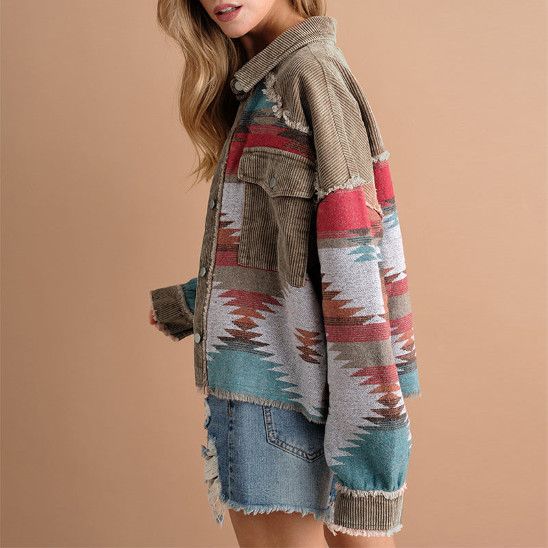 Sobrecamisa mujer combinada pana jacquard bolsillos contraste texturas otoño - Océane