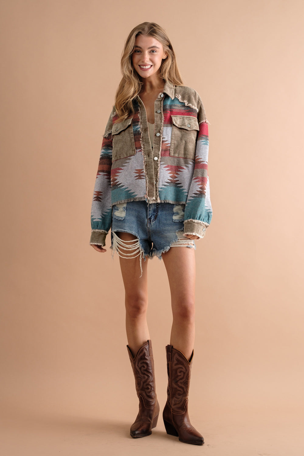 Sobrecamisa mujer combinada pana jacquard bolsillos contraste texturas otoño - Océane