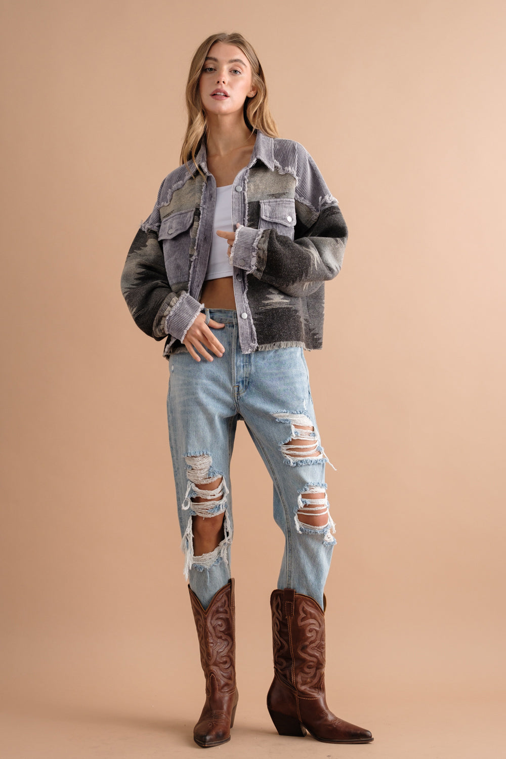 Sobrecamisa mujer combinada pana jacquard bolsillos contraste texturas otoño - Océane