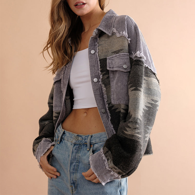 Sobrecamisa mujer combinada pana jacquard bolsillos contraste texturas otoño - Océane