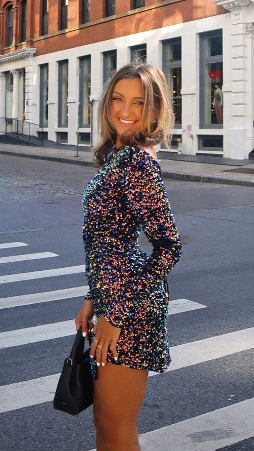 Vestido mini mujer lentejuelas manga larga ajustado efecto brillante fiesta - Evelyn