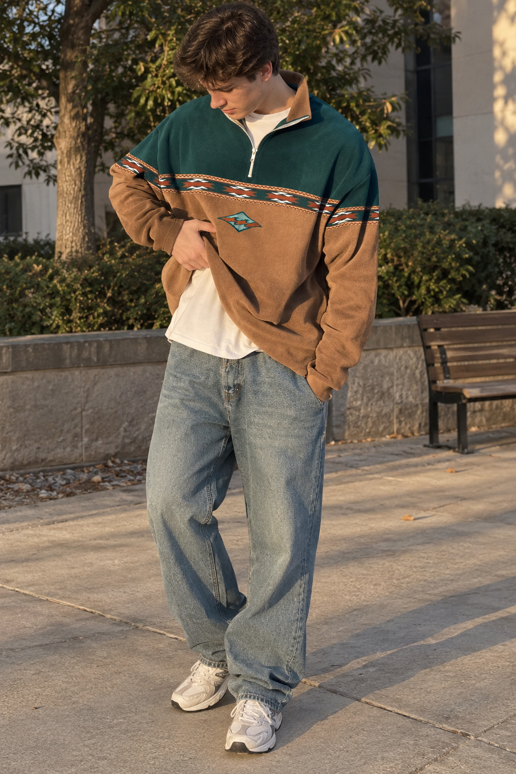 Sudadera hombre media cremallera estampado geométrico bloques contraste corte amplio - Tavish