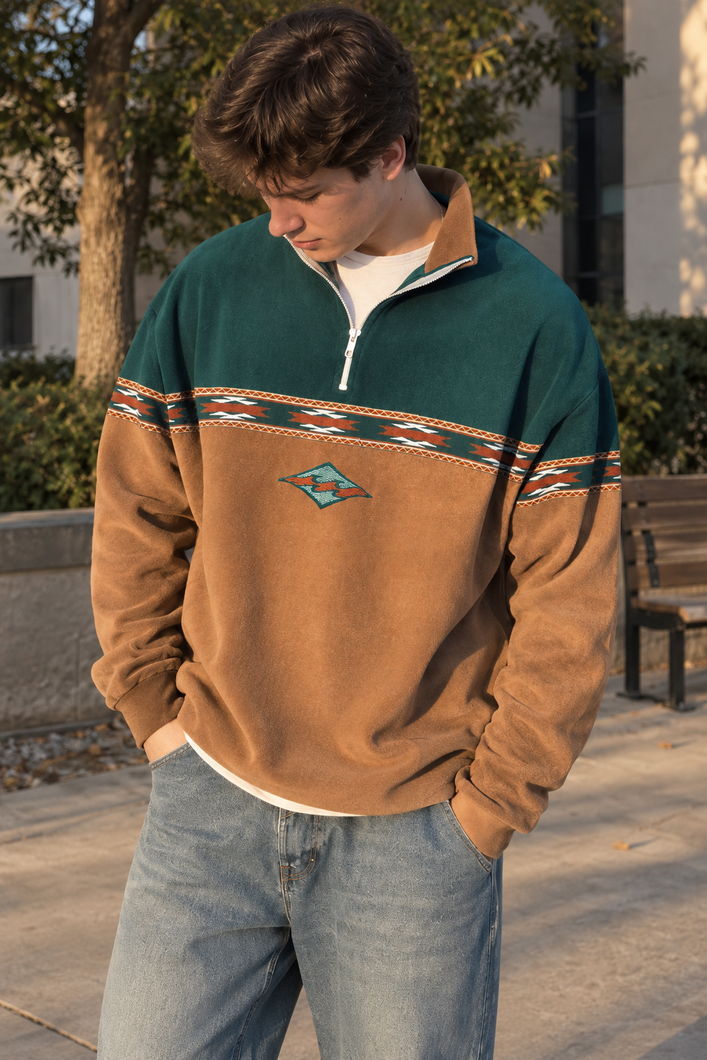 Sudadera hombre media cremallera estampado geométrico bloques contraste corte amplio - Tavish