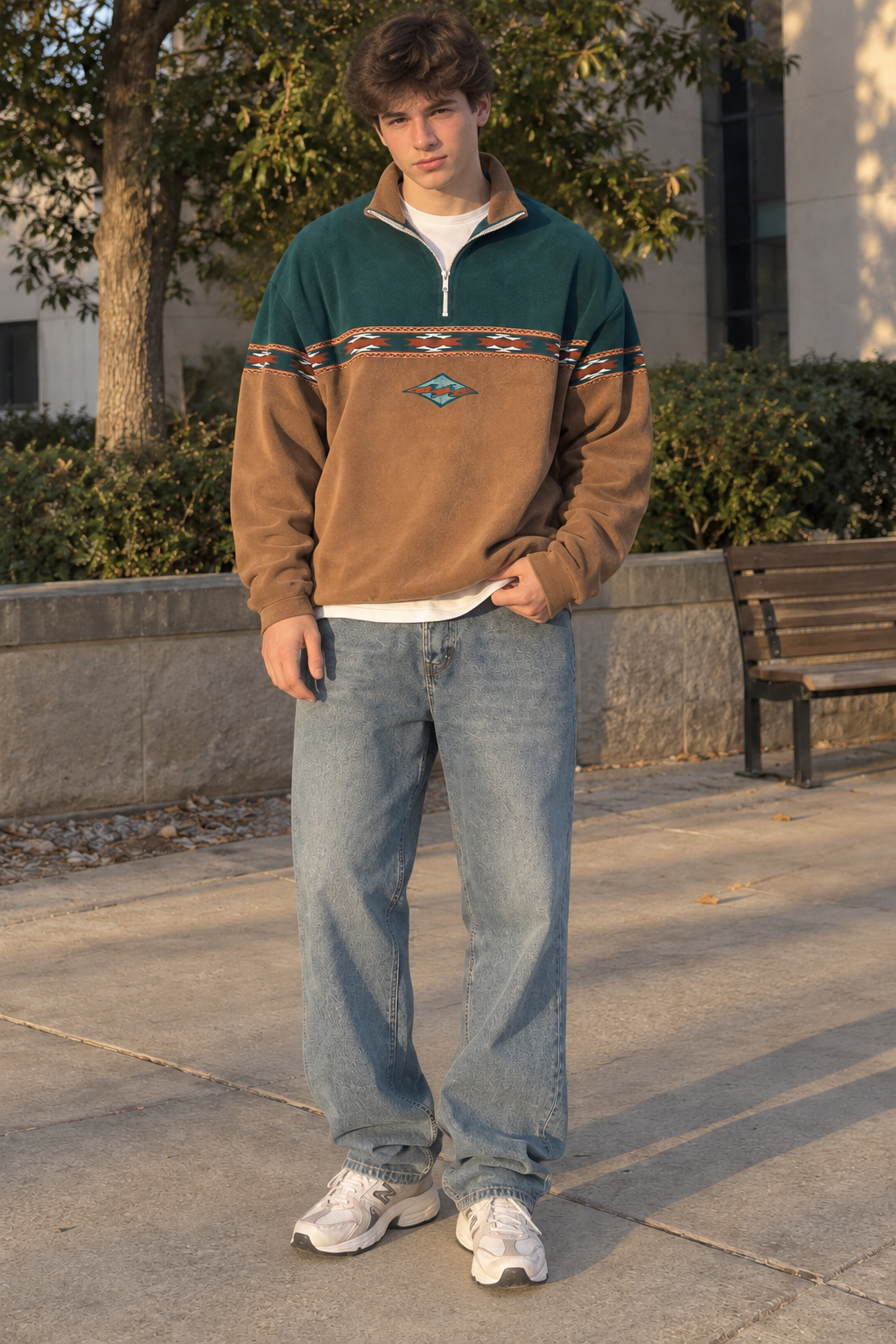 Sudadera hombre media cremallera estampado geométrico bloques contraste corte amplio - Tavish