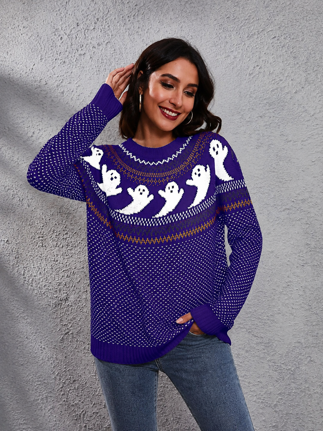 Suéter mujer punto cuello redondo estampado fantasmas retro literario original - Nerissa