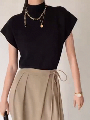 Top punto mujer cuello alto manga corta ajustado versátil cómodo - Elin