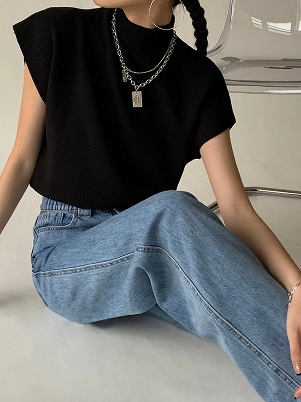 Top punto mujer cuello alto manga corta ajustado versátil cómodo - Elin