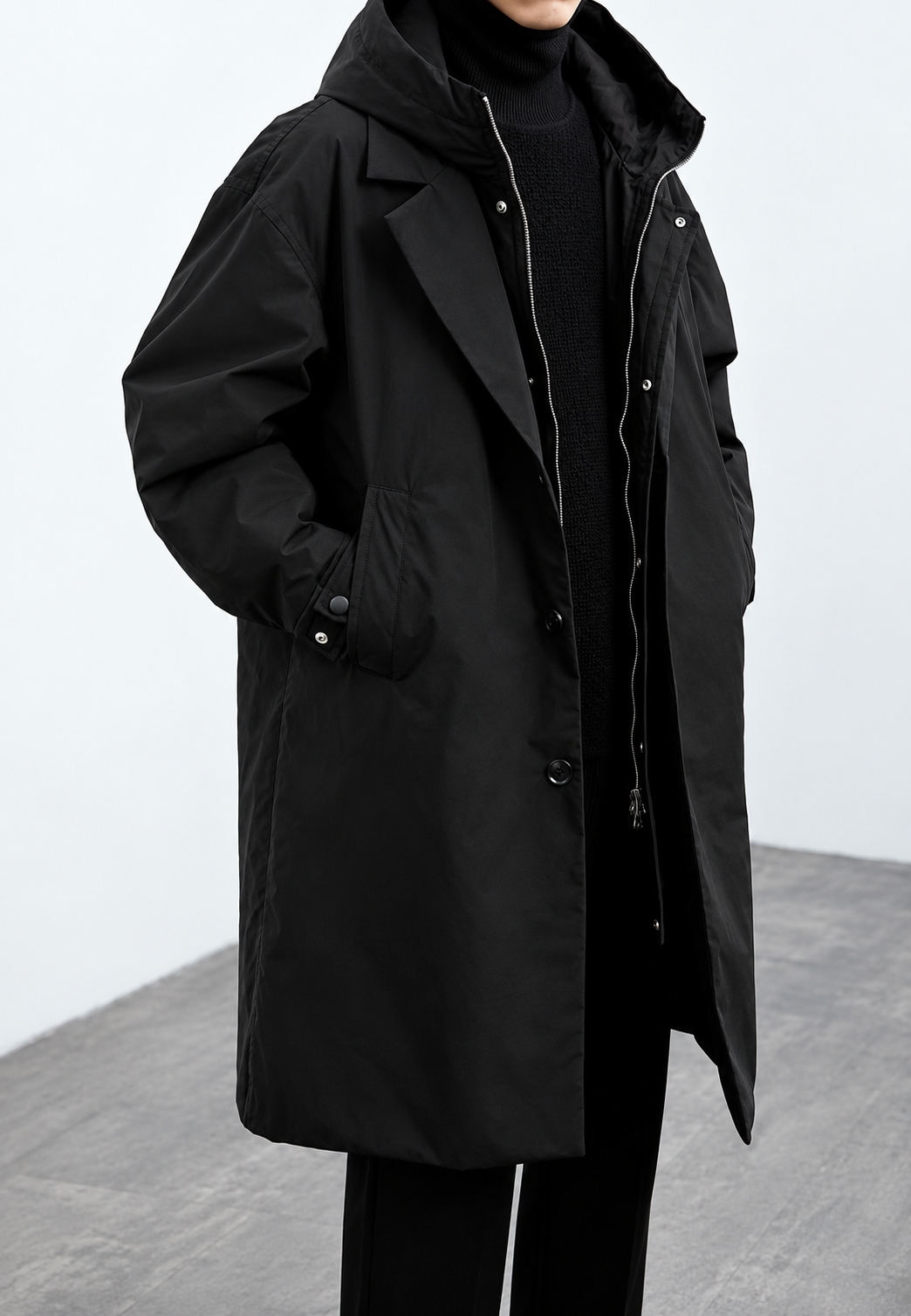 Trench largo hombre capucha cremallera puños ajustables cobertura otoño - Corvin