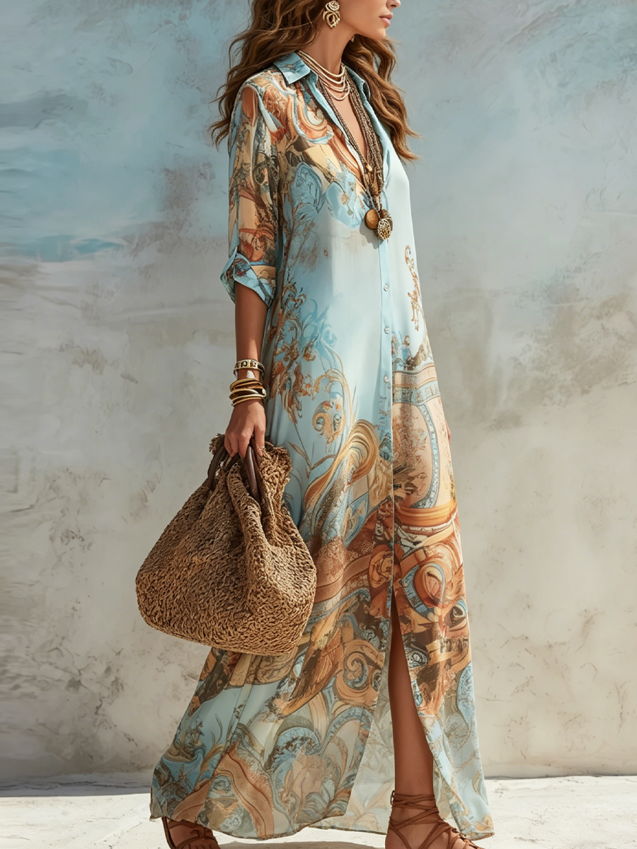 Vestido camisero largo mujer paisley cuello solapa botones manga vuelta - Gloria