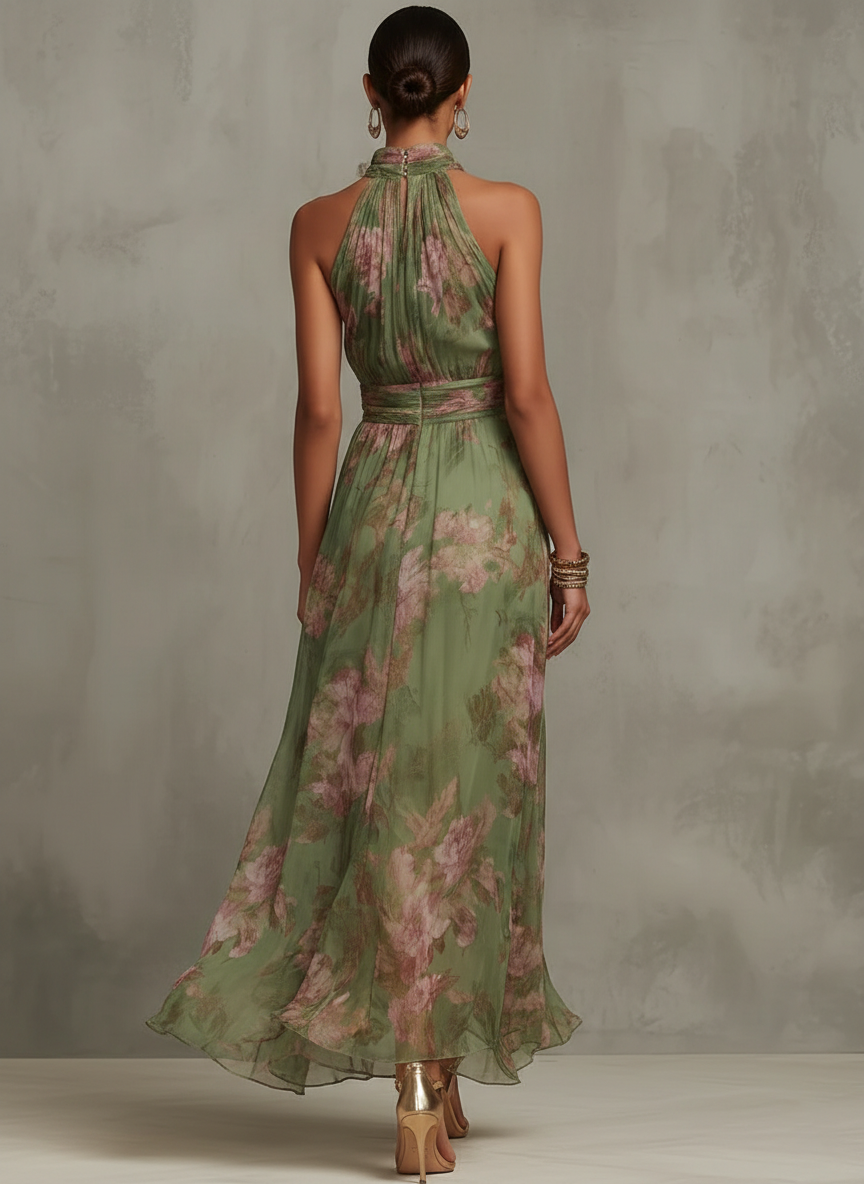 Vestido largo floral mujer cuello halter hombros descubiertos cintura drapeada - Sophie