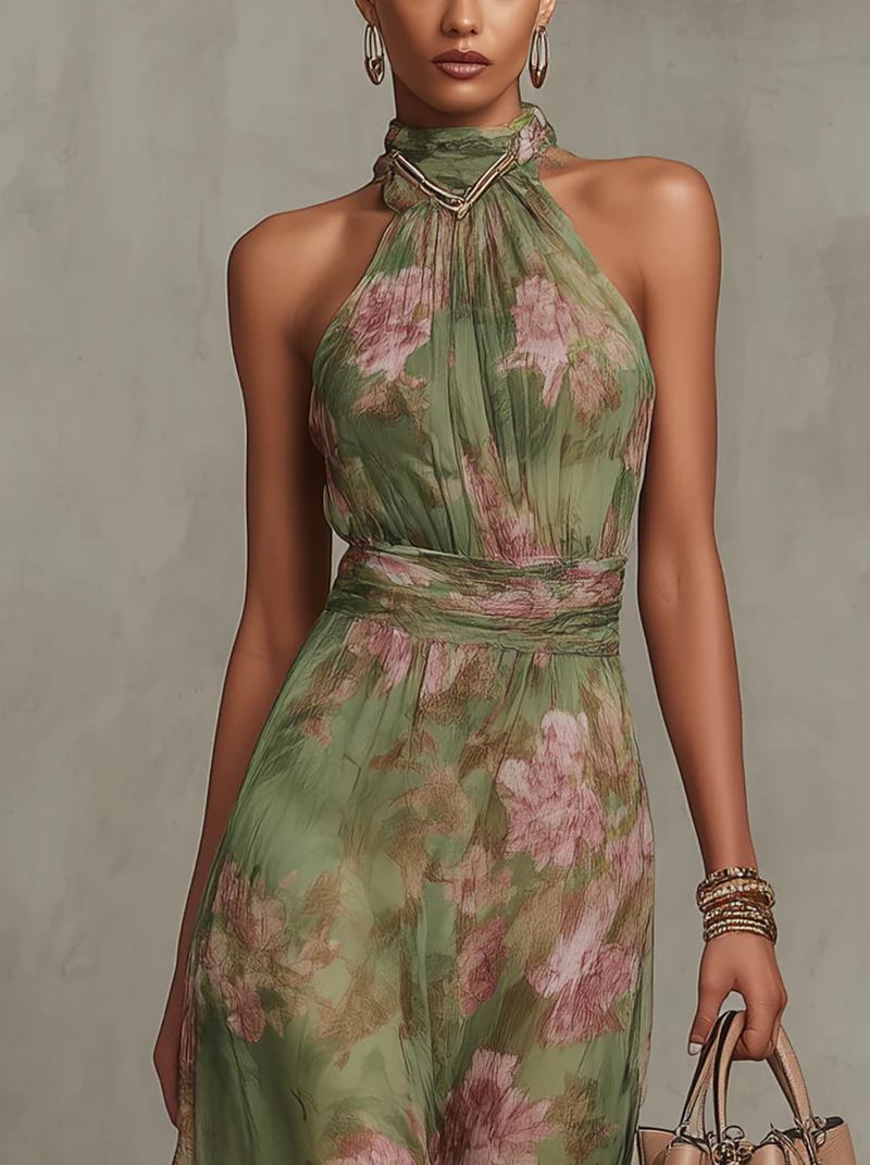 Vestido largo floral mujer cuello halter hombros descubiertos cintura drapeada - Sophie