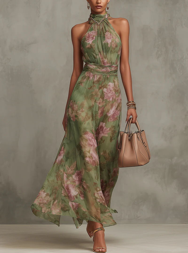 Vestido largo floral mujer cuello halter hombros descubiertos cintura drapeada - Sophie