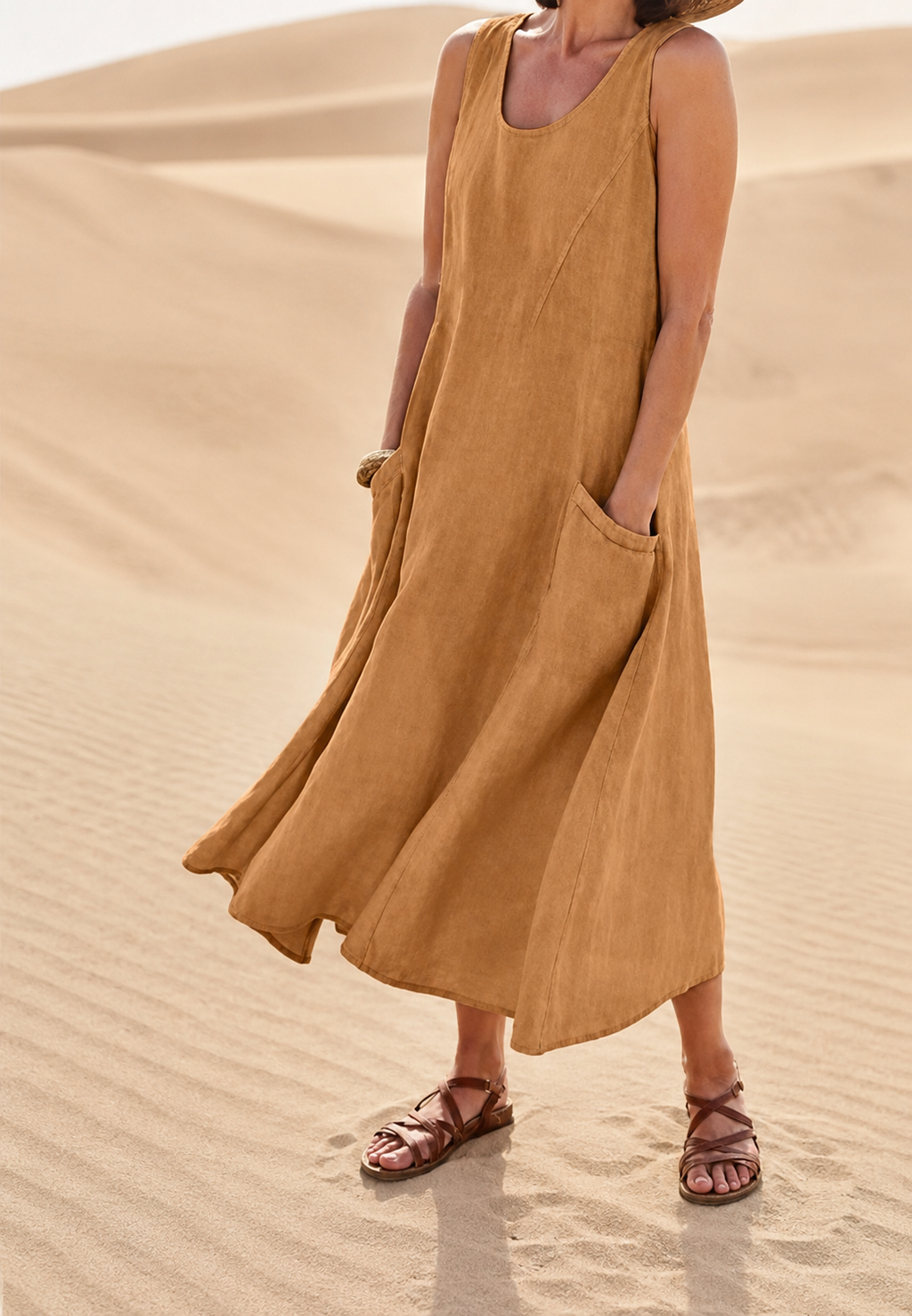 Vestido largo mujer sin mangas escote redondo silueta holgada bolsillos tobillo - Tina