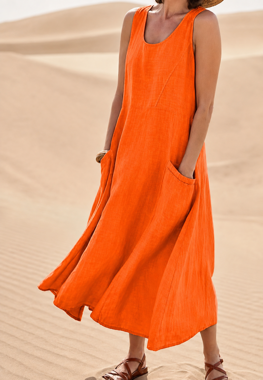Vestido largo mujer sin mangas escote redondo silueta holgada bolsillos tobillo - Tina