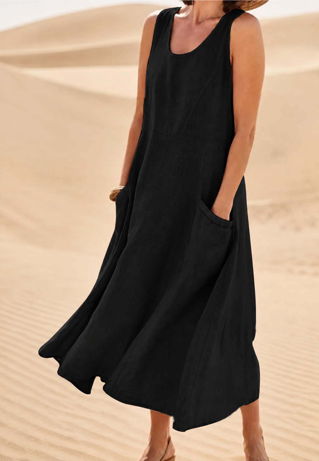 Vestido largo mujer sin mangas escote redondo silueta holgada bolsillos tobillo - Tina