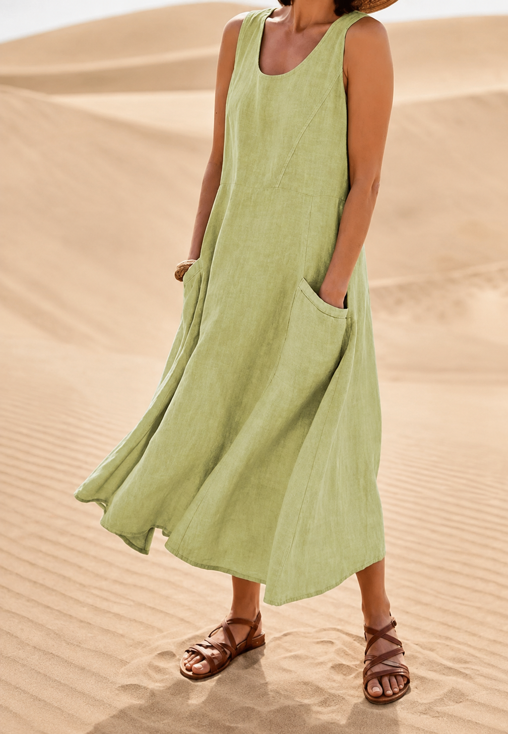 Vestido largo mujer sin mangas escote redondo silueta holgada bolsillos tobillo - Tina