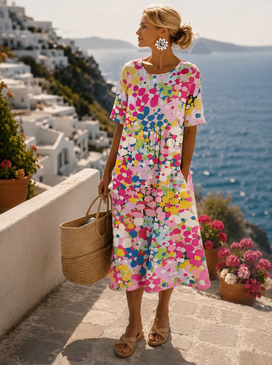 Vestido midi mujer floral abstracto cuello redondo manga corta silueta suelta - Elena