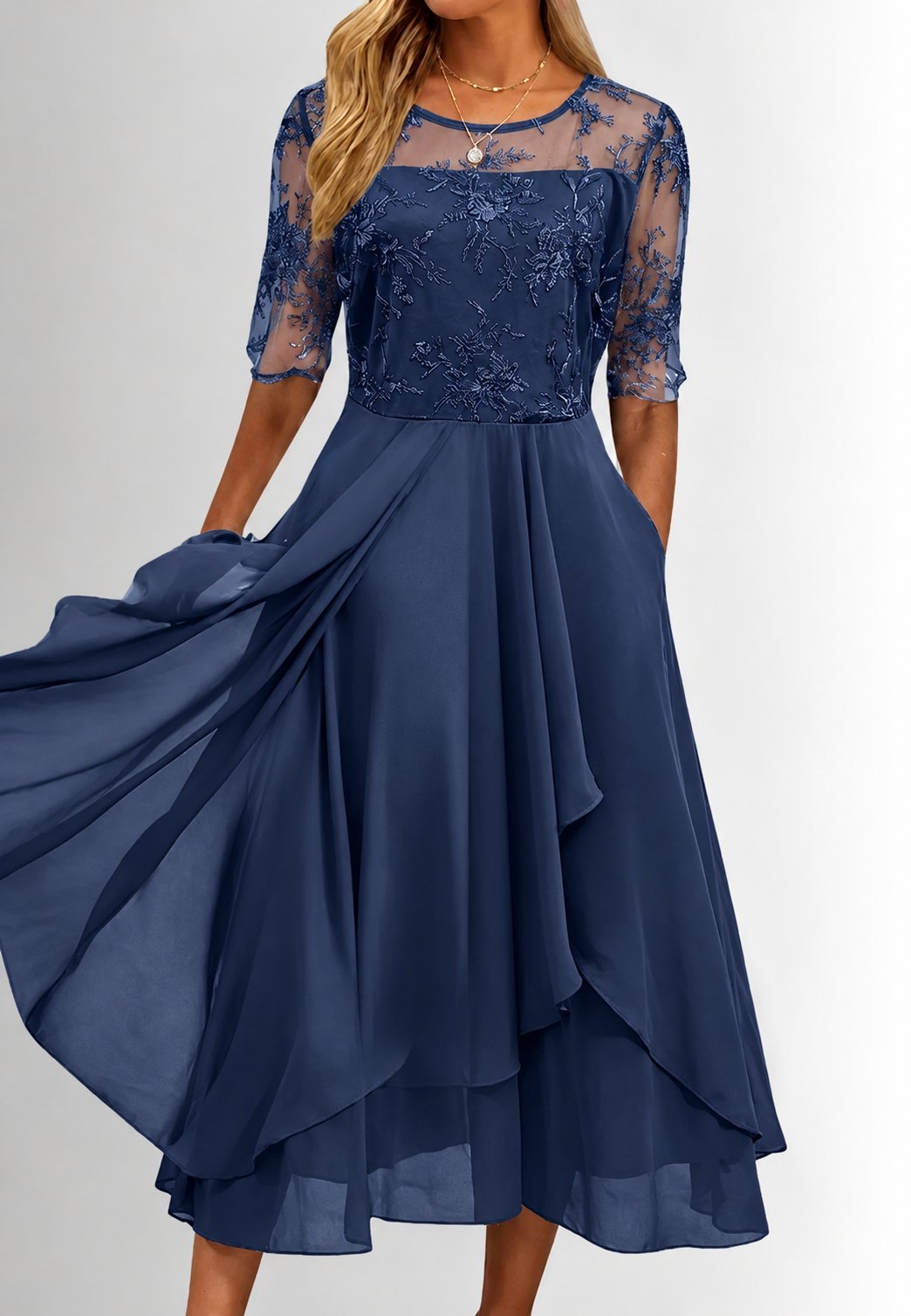 Vestido midi mujer encaje floral manga codo cuerpo entallado falda capas - Rhonda