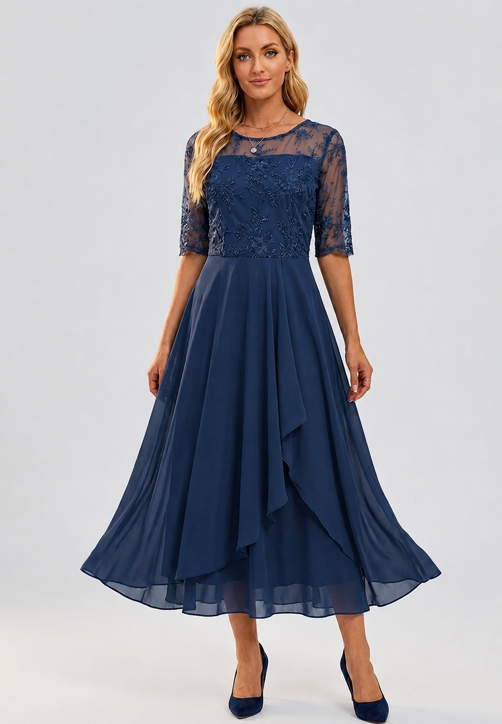 Vestido midi mujer encaje floral manga codo cuerpo entallado falda capas - Rhonda