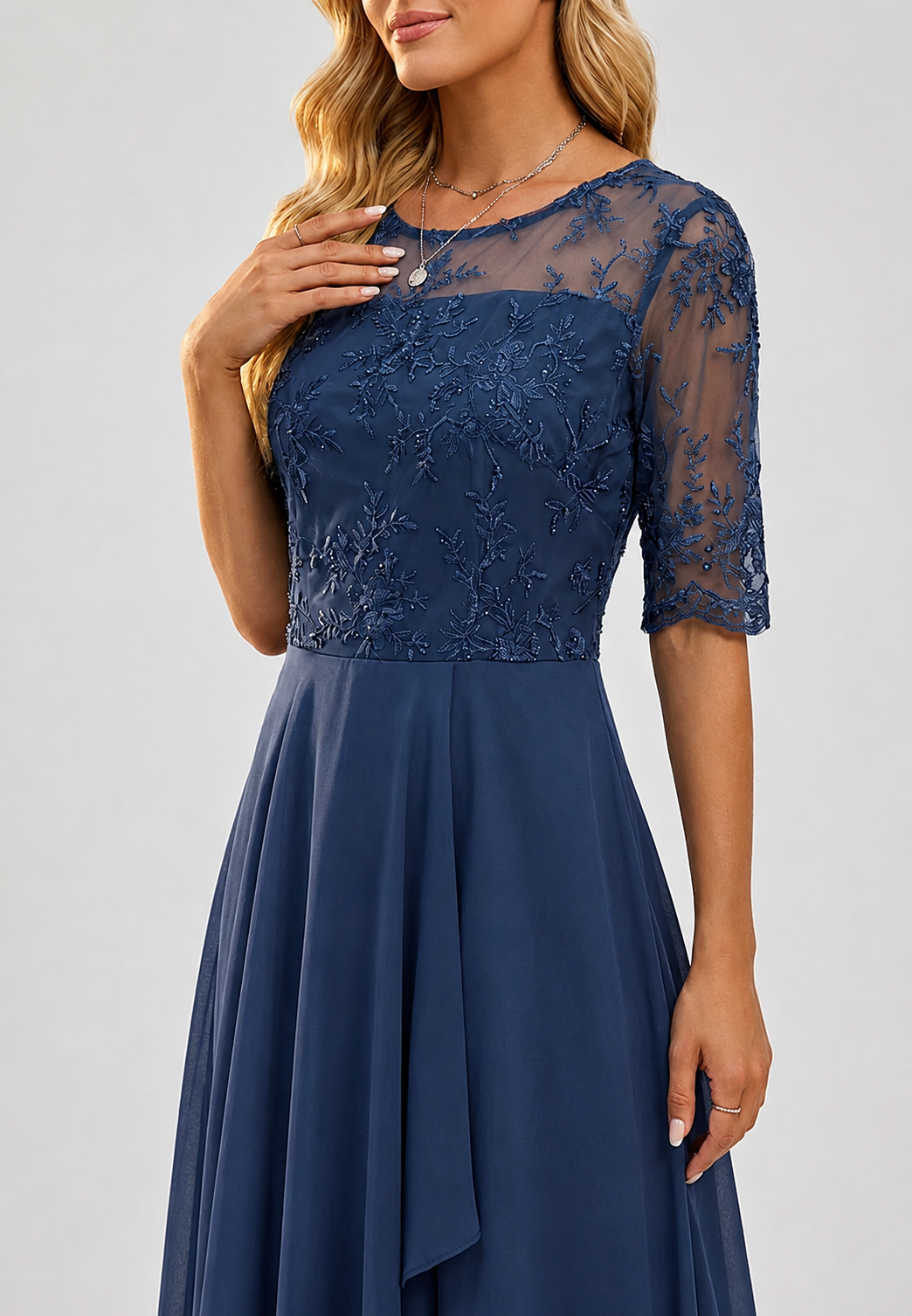 Vestido midi mujer encaje floral manga codo cuerpo entallado falda capas - Rhonda
