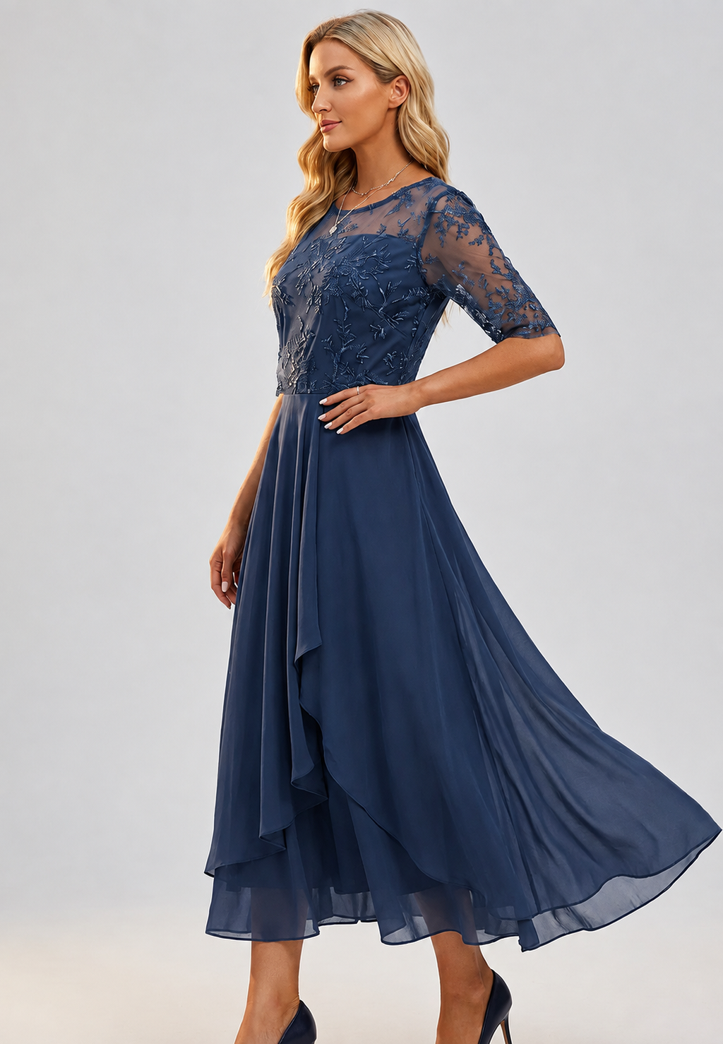 Vestido midi mujer encaje floral manga codo cuerpo entallado falda capas - Rhonda