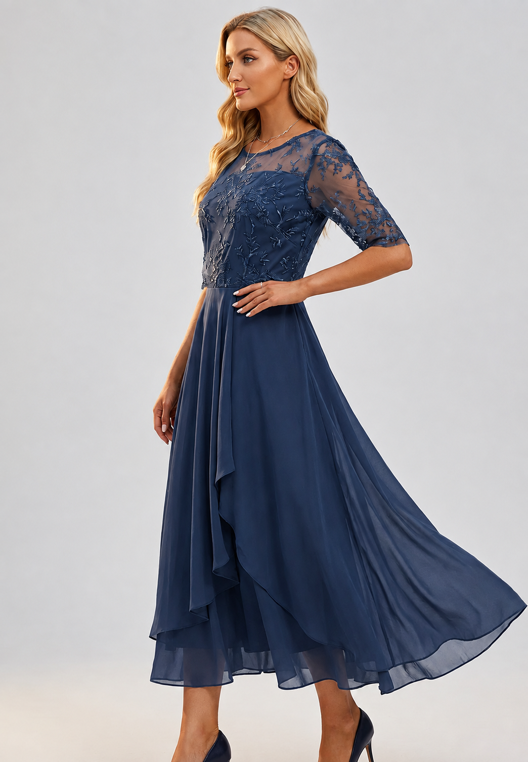 Vestido midi mujer encaje floral manga codo cuerpo entallado falda capas - Rhonda