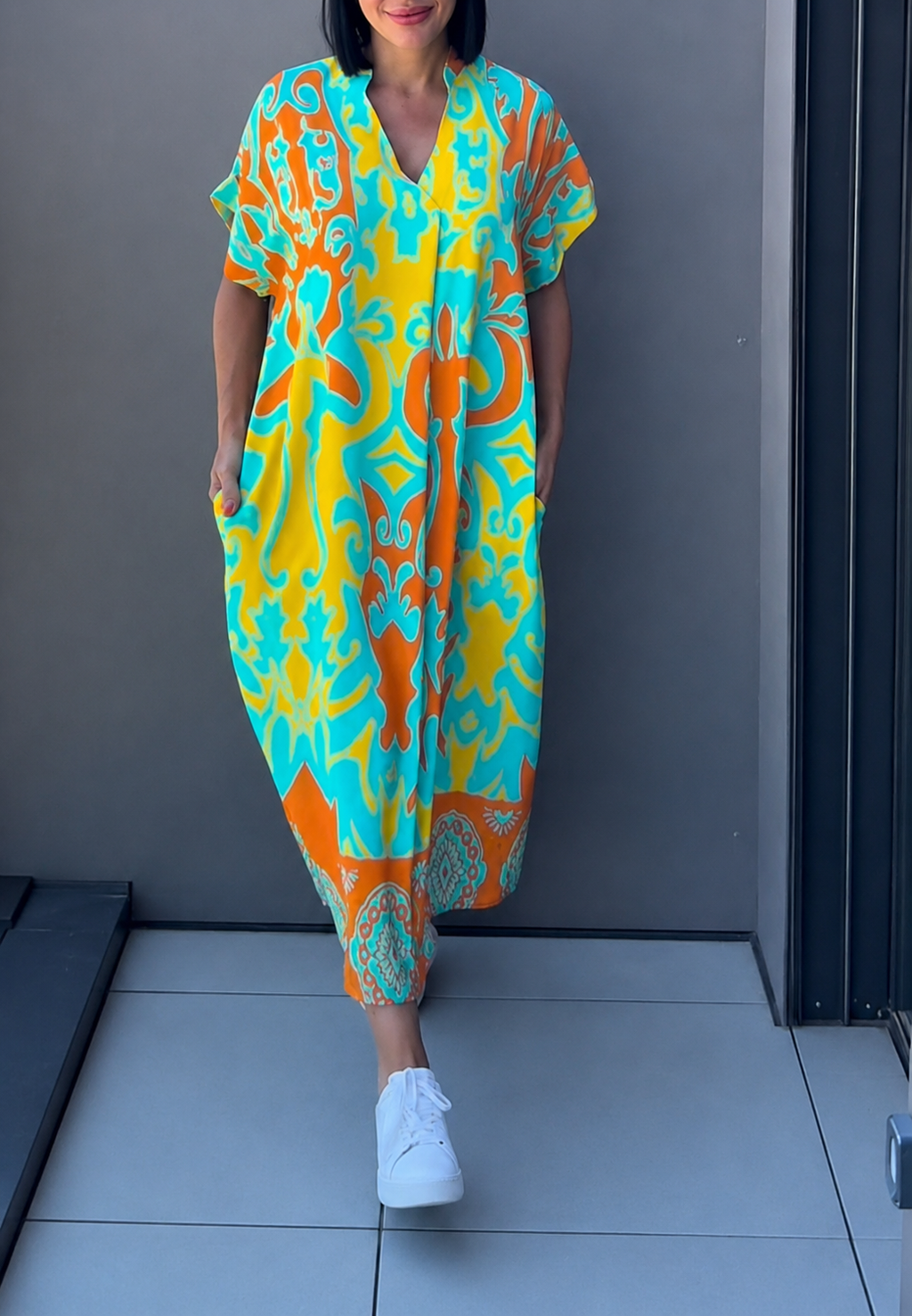 Vestido midi mujer estampado escote pico manga corta bolsillos silueta suelta - Nia