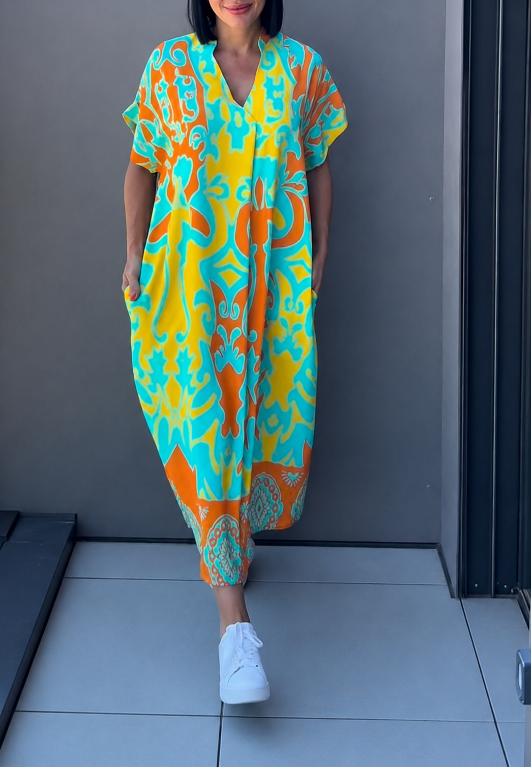 Vestido midi mujer estampado escote pico manga corta bolsillos silueta suelta - Nia
