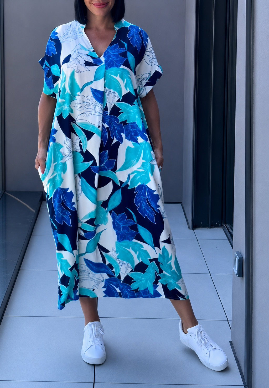 Vestido midi mujer estampado escote pico manga corta bolsillos silueta suelta - Nia
