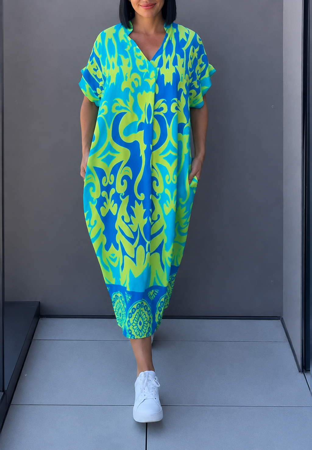 Vestido midi mujer estampado escote pico manga corta bolsillos silueta suelta - Nia