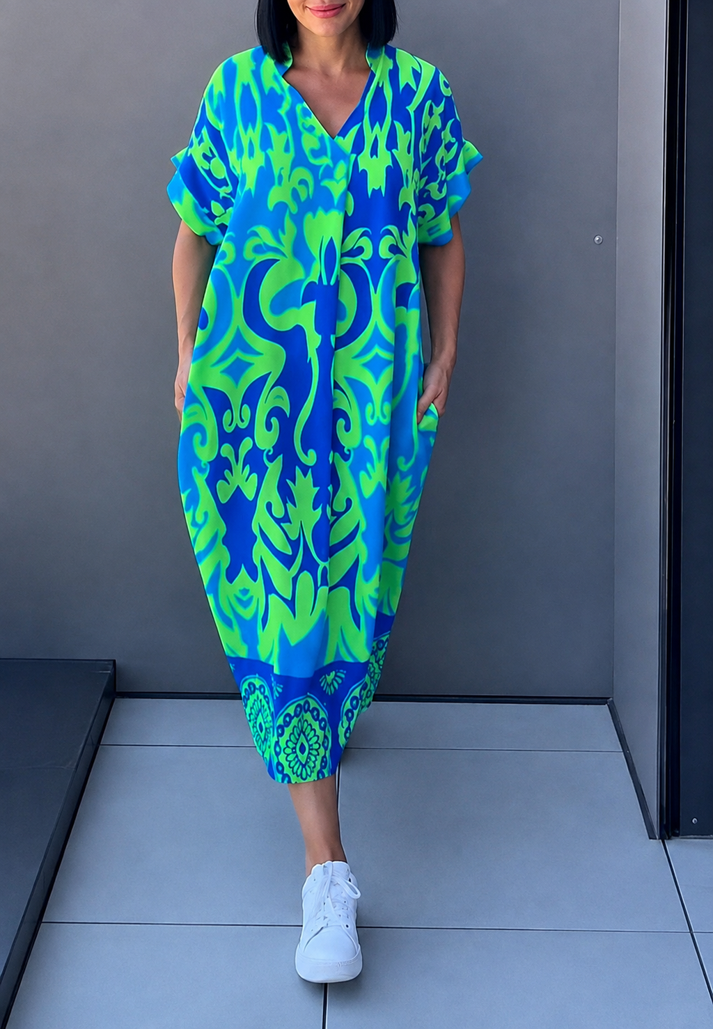 Vestido midi mujer estampado escote pico manga corta bolsillos silueta suelta - Nia