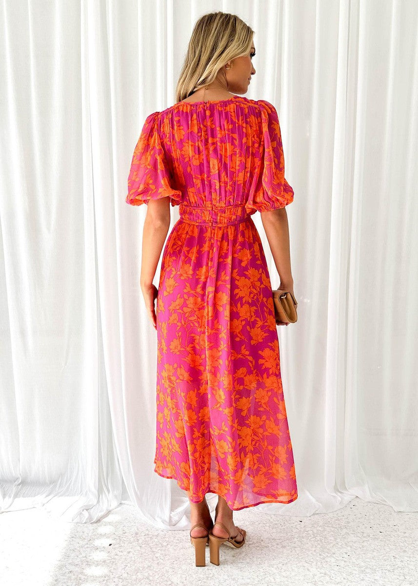 Vestido midi mujer floral manga abullonada escote pico franja fruncida cintura - Katy