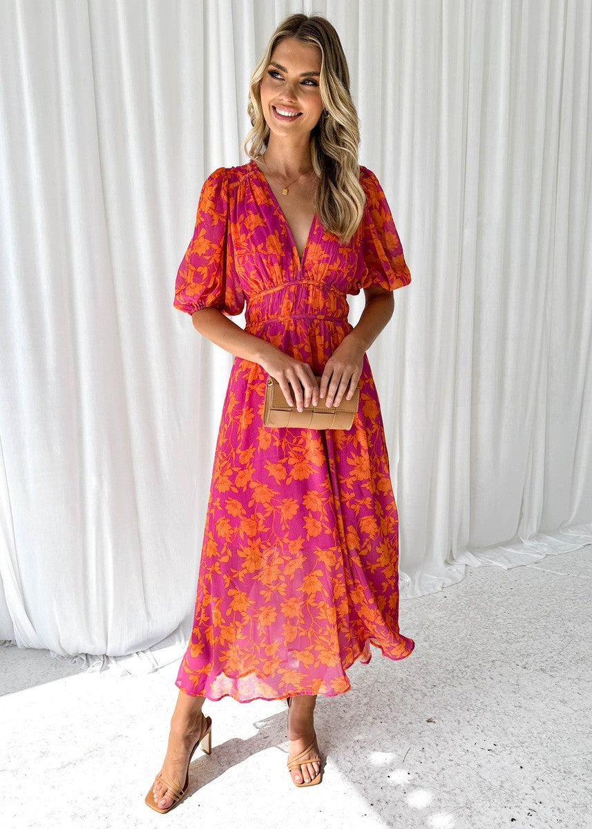 Vestido midi mujer floral manga abullonada escote pico franja fruncida cintura - Katy