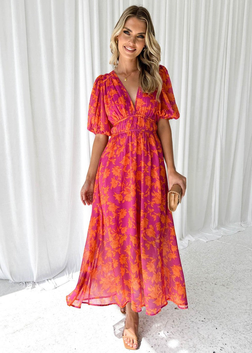 Vestido midi mujer floral manga abullonada escote pico franja fruncida cintura - Katy