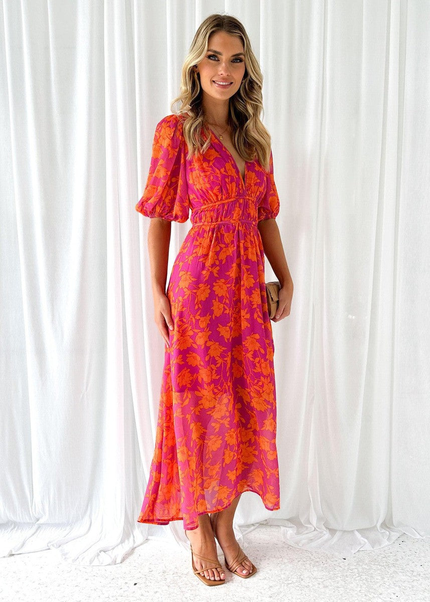 Vestido midi mujer floral manga abullonada escote pico franja fruncida cintura - Katy