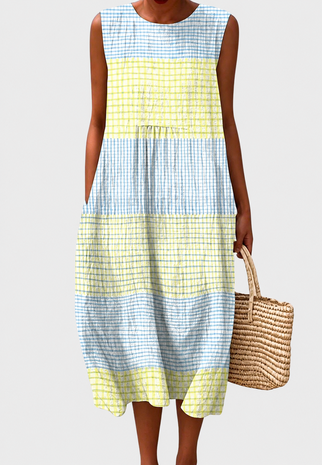 Vestido midi mujer sin mangas cuadros juego gráfico silueta amplia capas - Maddie