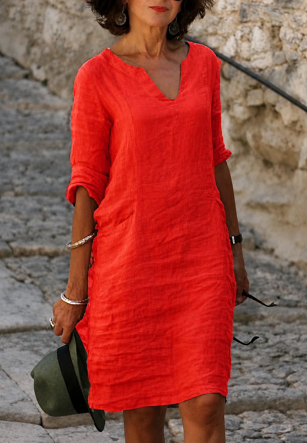 Vestido casual mujer escote V manga tres cuartos corte recto caída fluida - Elvy