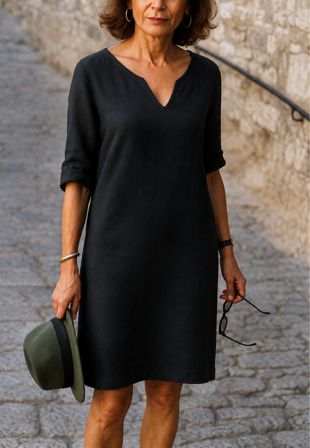 Vestido casual mujer escote V manga tres cuartos corte recto caída fluida - Elvy