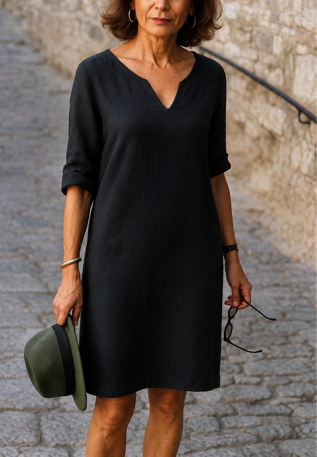 Vestido casual mujer escote V manga tres cuartos corte recto caída fluida - Elvy