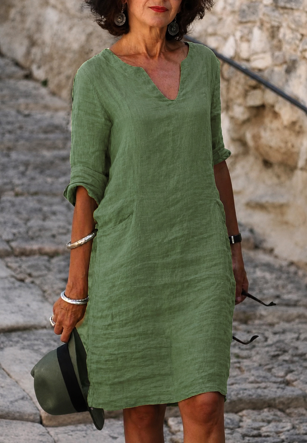 Vestido casual mujer escote V manga tres cuartos corte recto caída fluida - Elvy