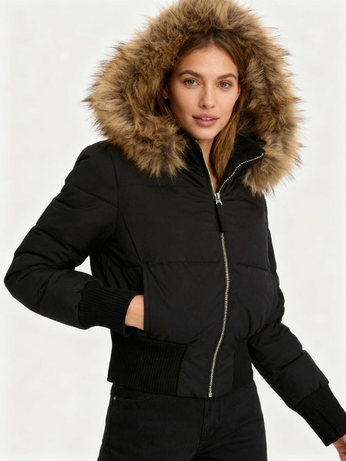 Chaqueta acolchada para mujer con capucha desmontable y silueta corta con bolsillos
