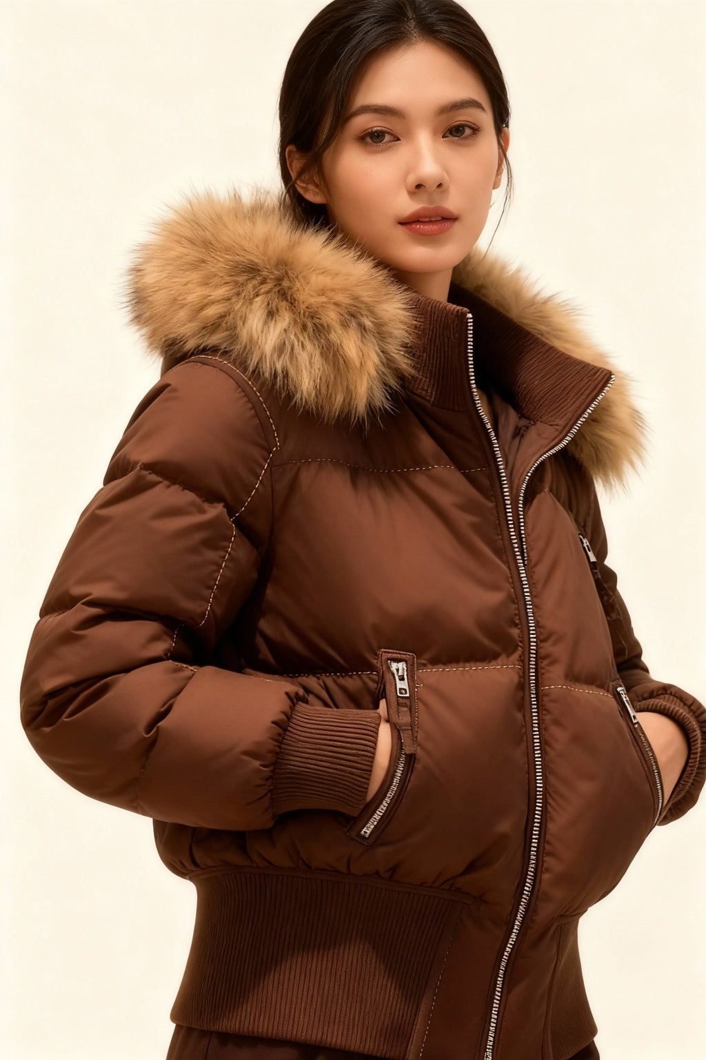 Chaqueta acolchada para mujer con capucha desmontable y silueta corta con bolsillos