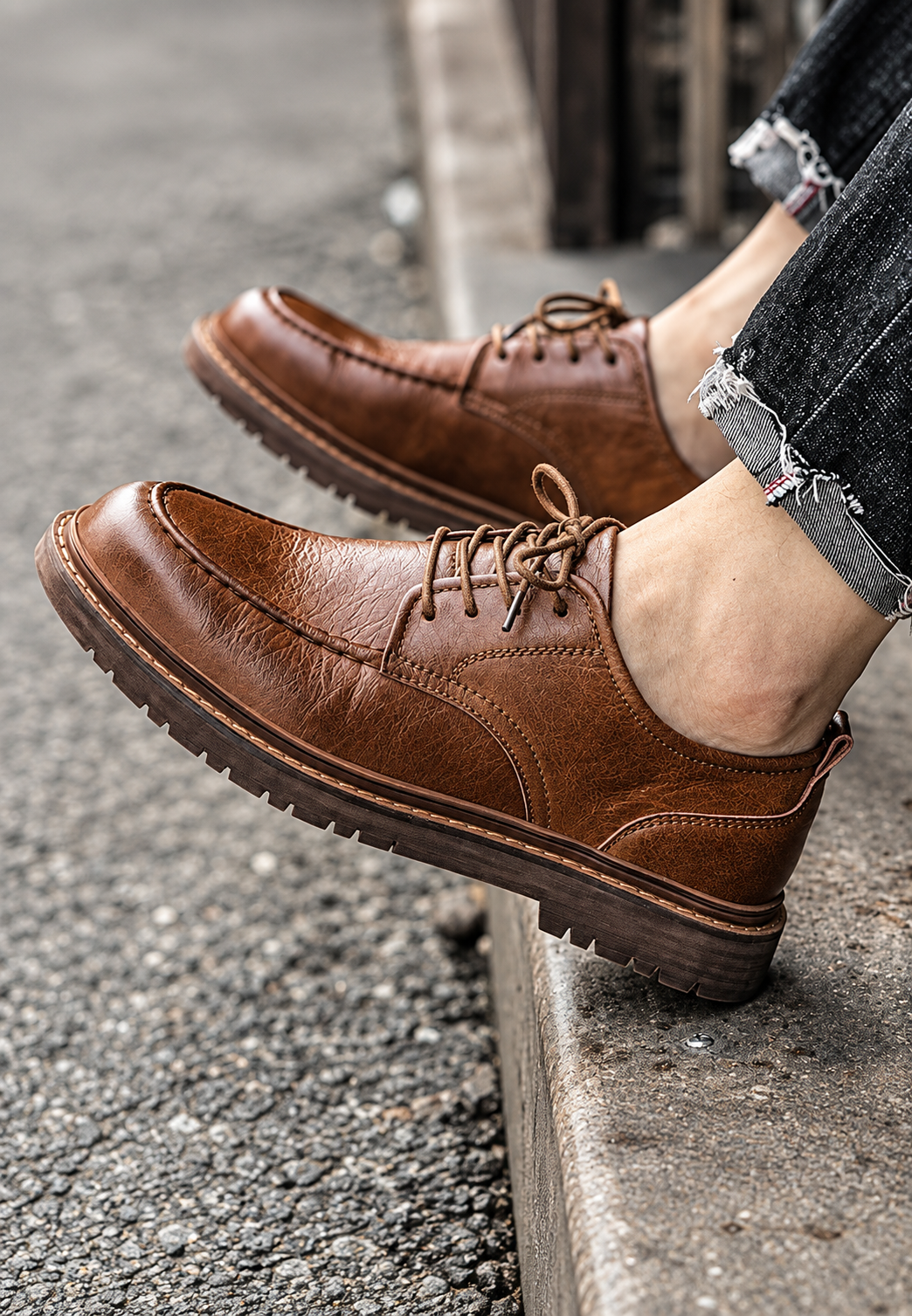 Zapato derby hombre casual cordones suela dentada costura puntera cuero - Halden
