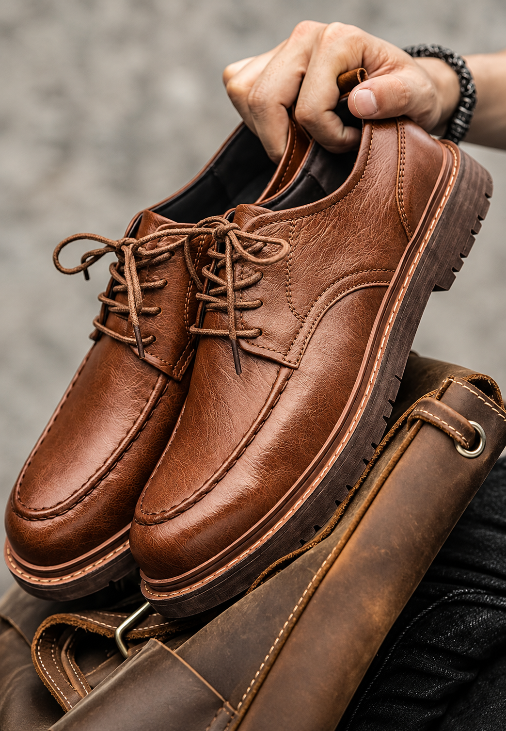 Zapato derby hombre casual cordones suela dentada costura puntera cuero - Halden